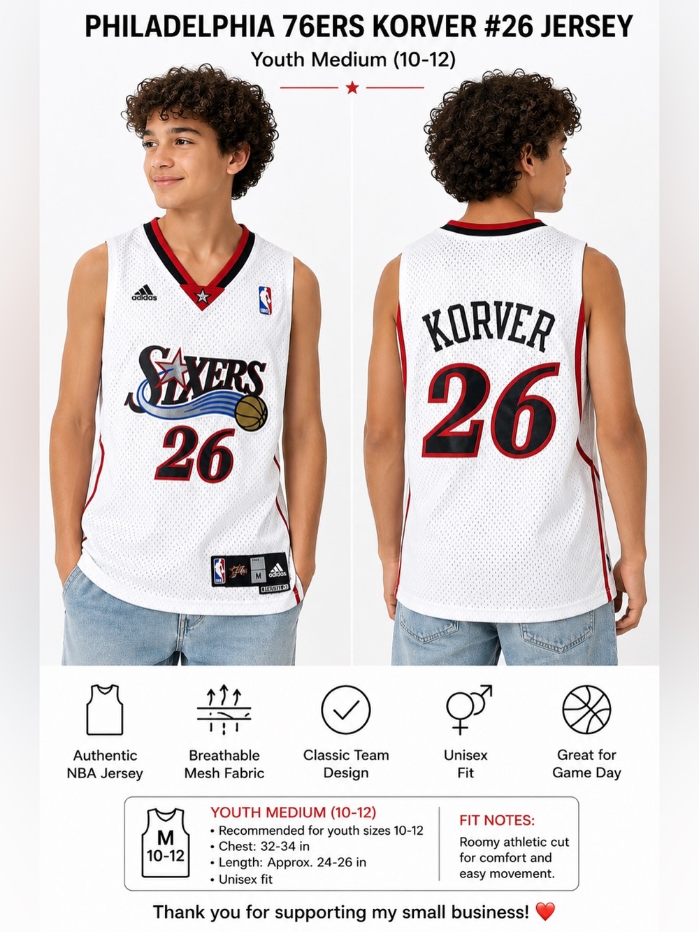 Adidas NBA Philadelphia 76ers Kyle Korver #26 Youth Medium 10-12 Jersey White
